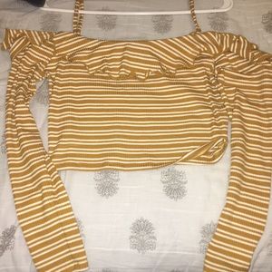 Yellow and white striped off the shoulder top